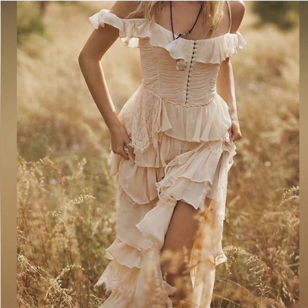 Anthropologie Corset Lace Tiered Midi Dress
